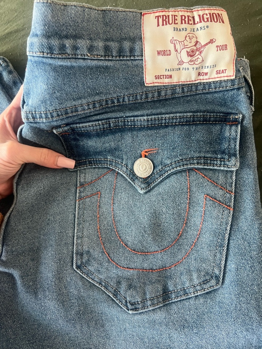 True Religion Light Blue High-Rise Denim Jeans with Orange Stitching